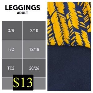 LulaRoe OS leggings solid blue and pattern yellow blue